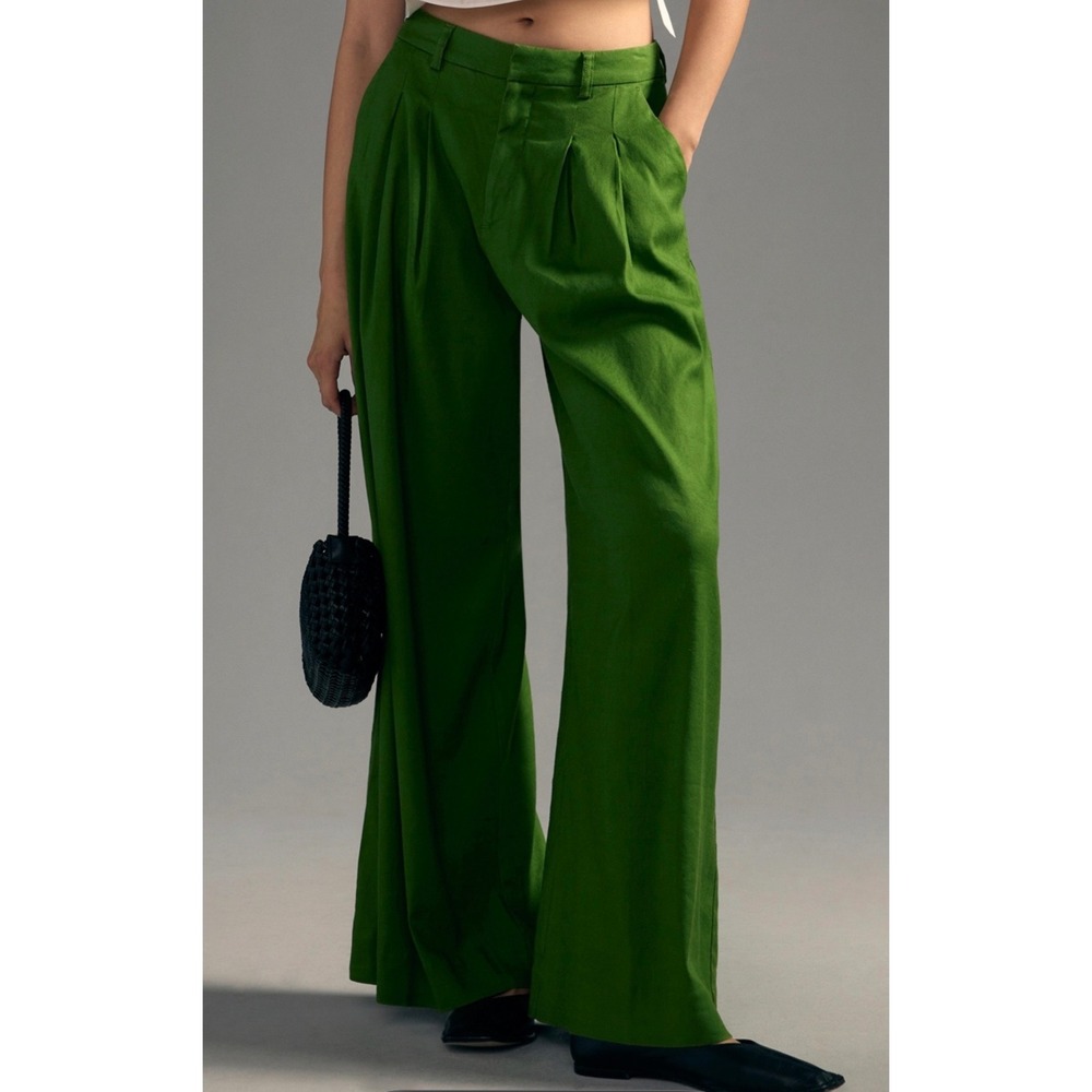 Maeve Anthropologie Avery Wide Leg Pants Women 14 Green Linen Pleated Trousers